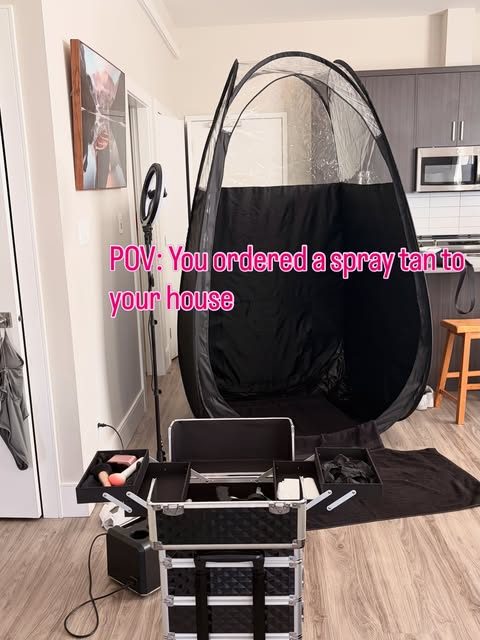 Mobile spray tan tent and equipment set up in a client's home in Nanaimo
